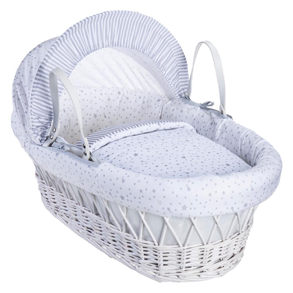 Clair de Lune Stars Stripes Grey Wicker Moses Basket Grey